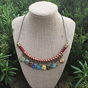 Vegan bib textile gold brass czech glass necklace